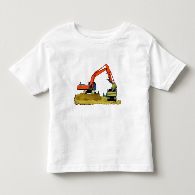Orangefarbener Bagger und Gelber Sprengwagen Kleinkind T-shirt (Vorderseite)