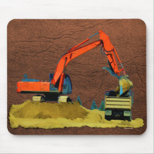Orangefarbener Bagger und Gelber Sprengwagen Mousepad