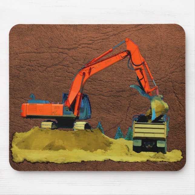 Orangefarbener Bagger und Gelber Sprengwagen Mousepad (Vorne)