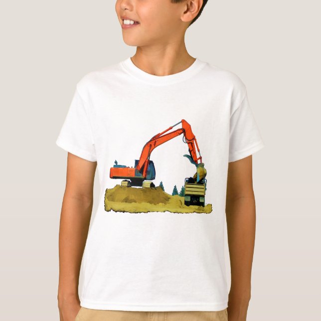 Orangefarbener Bagger und Gelber Sprengwagen T-Shirt (Vorderseite)