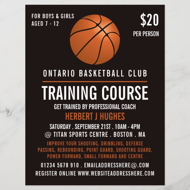Orangefarbener Basketball, Basketballtrainingskurs Flyer (Vorne)