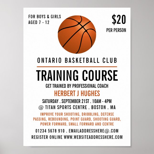 Orangefarbener Basketball, Basketballtrainingskurs Poster (Vorne)