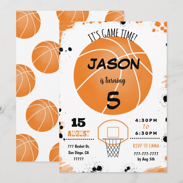 Orangefarbener Basketball Einladung (Vorne/Hinten)