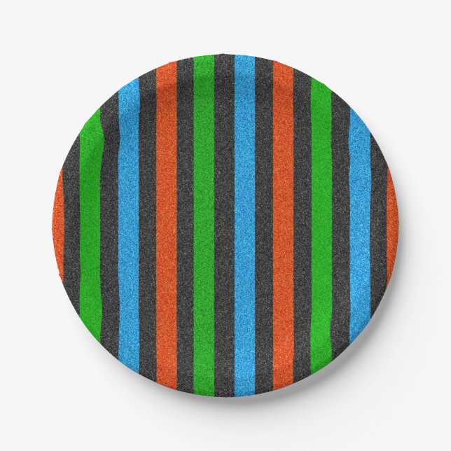 Orangefarbener, blauer, grüner, schwarzer Glitzer  Pappteller (Vorderseite)