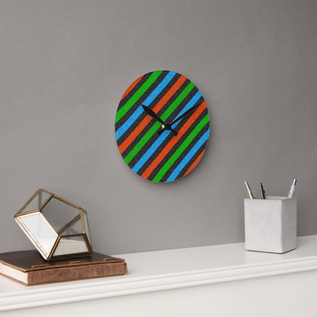 Orangefarbener, blauer, grüner, schwarzer Glitzer  Runde Wanduhr (Büro)