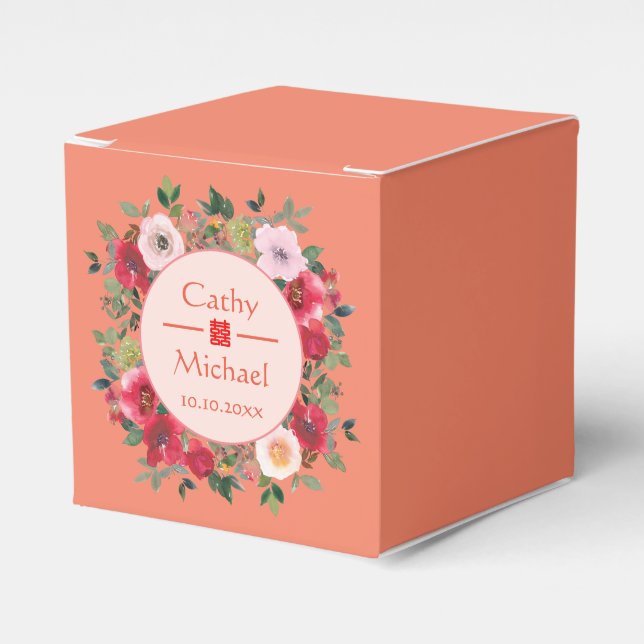 Orangefarbener Blumenkranz moderne chinesische Hoc Geschenkschachtel (Vorderseite)