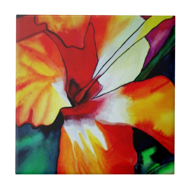 Orangefarbener Hibiskus Tropische Blume Aquarellku Fliese (Vorderseite)