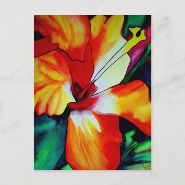 Orangefarbener Hibiskus Tropische Blume Aquarellku Postkarte (Vorderseite)
