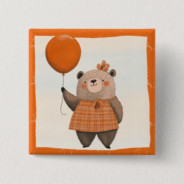 Orangefarbener Karierter Kleiderbär mit Haarbow Button (Vorderseite)