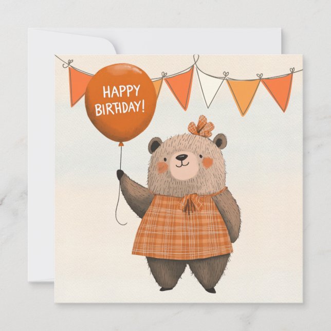Orangefarbener Karierter Kleiderbär mit Haarbow Einladung (Vorderseite)