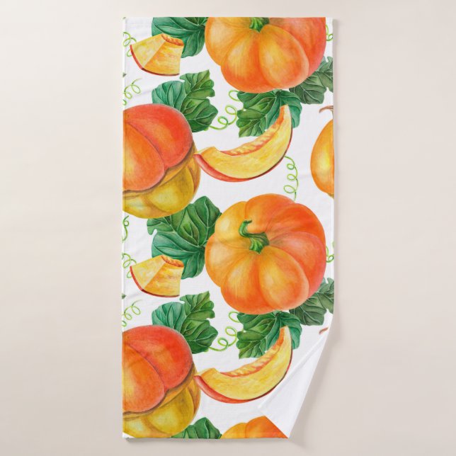 Orangefarbener Kürbis auf weißem Hintergrund. Naht Badehandtuch (Badehandtuch)