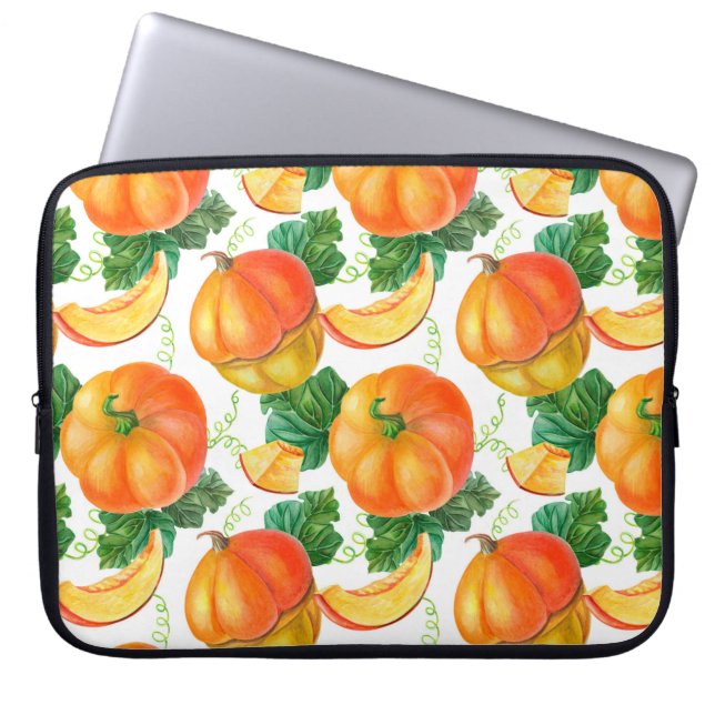 Orangefarbener Kürbis auf weißem Hintergrund. Naht Laptopschutzhülle (Vorderseite)