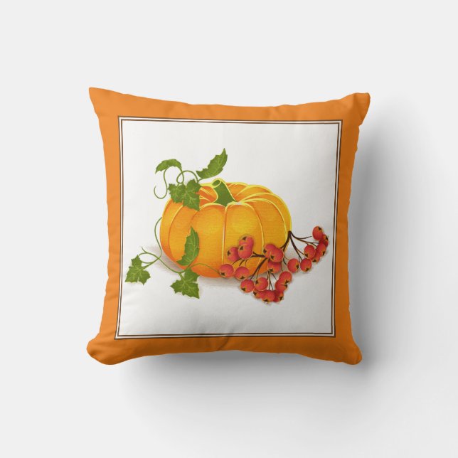Orangefarbener Kürbis, Beeren, Blätter fallen Ernt Kissen (Vorderseite)