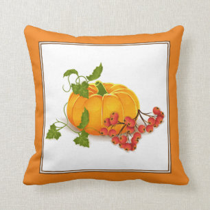 Orangefarbener Kürbis, Beeren, Blätter fallen Ernt Kissen
