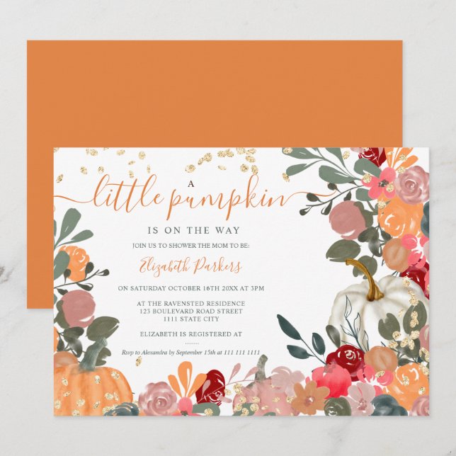 Orangefarbener Kürbis Herbst Babydusche Einladung (Vorne/Hinten)