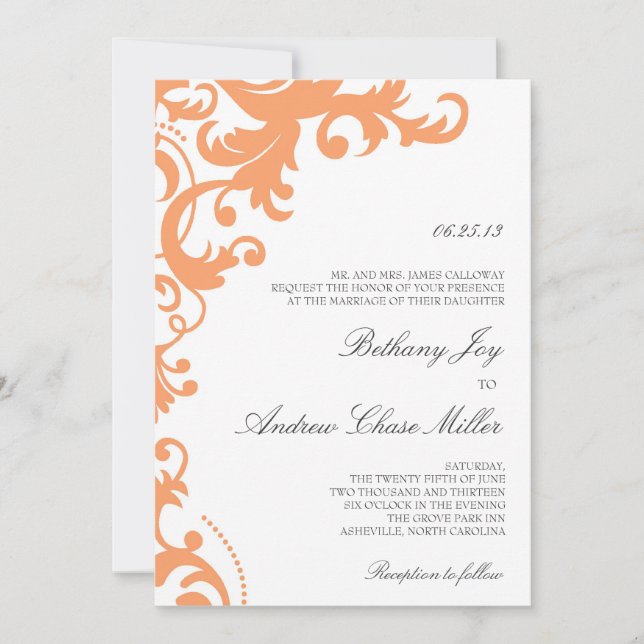 Orangefarbener Pfirsich Eleganter Damask Einladung (Vorderseite)
