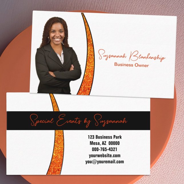 Orangefarbener Schieber von Imitaten Glitzer Beruf Visitenkarte (business card front and back )