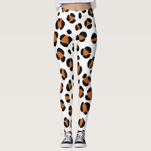 Orangefarbener Schwarz-weißer Leopard Leggings (Vorderseite)