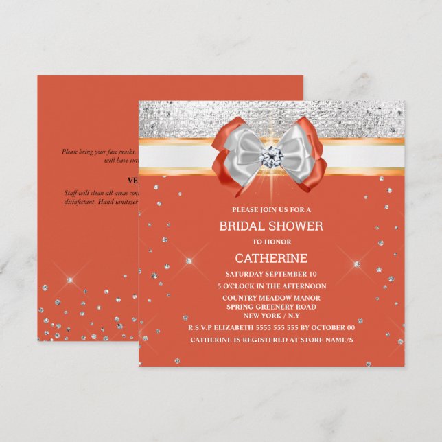 Orangefarbener silberner Glitzer mit elegantem, sc Einladung (Vorne/Hinten)