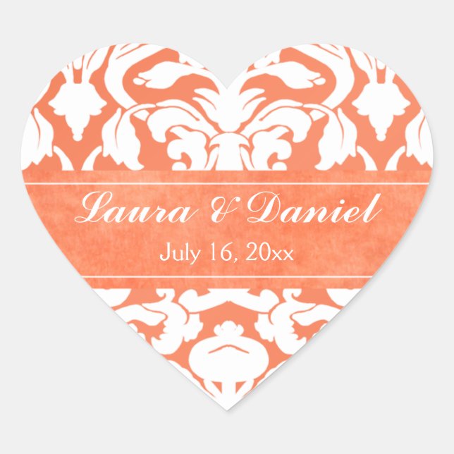Orangefarbener und weißer Damast 1,5" Hochzeitsauf Herz-Aufkleber (Vorderseite)