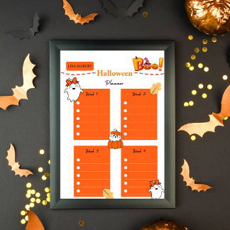 Orangefarbener weißer Kürbis Buntes Halloween-Plan Poster