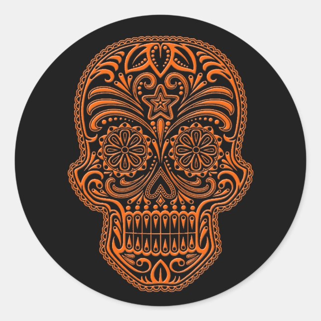 Orangefarbener Zuckerschädel auf schwarz Runder Aufkleber (Vorderseite)