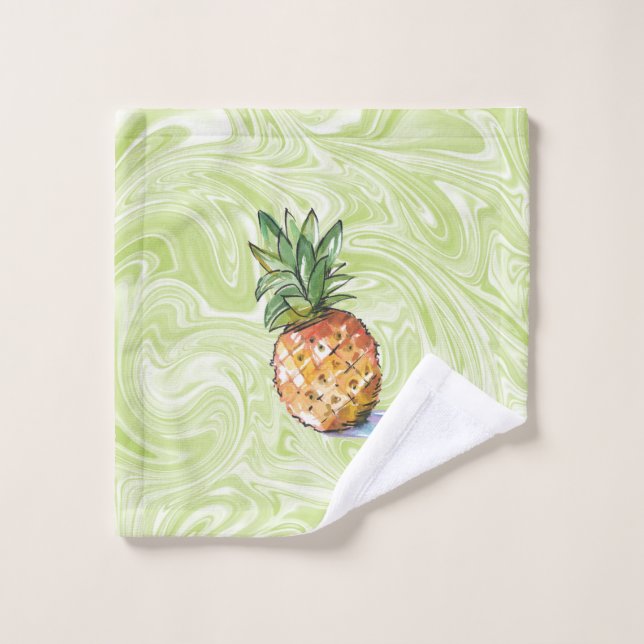 Orangefarbenes Ananas Wasserfarbe auf Grün Waschlappen (Waschlappen)