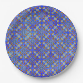 Orangefarbenes, blau gecrolltes Diamantmuster Pappteller