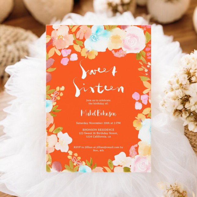 Orangefarbenes Blumengeflecht Sweet 16 Einladung (Orange red boho floral watercolor script Sweet 16 Invitation)