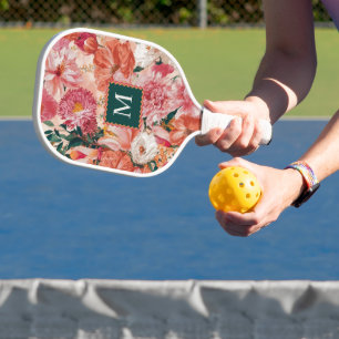 Orangefarbenes Blumenmuster Monogramm Pickleball Schläger