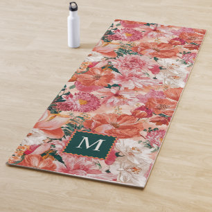 Orangefarbenes Blumenmuster Monogramm Yogamatte
