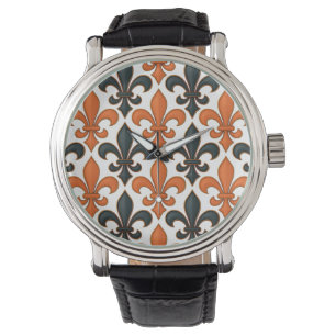 Orangefarbenes Fleur-de-lis-Muster Armbanduhr