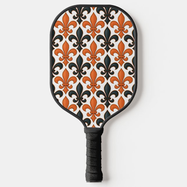 Orangefarbenes Fleur-de-lis-Muster Pickleball Schläger (Vorderseite)
