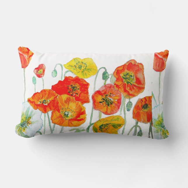 Orangefarbenes, gelbes Mohn Wasserfarbkissen Weiß Lendenkissen (Vorderseite)