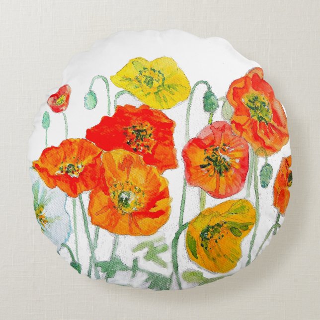 Orangefarbenes, gelbes Mohn Wasserfarbkissen Weiß Rundes Kissen (Vorderseite)