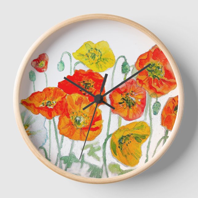 Orangefarbenes, gelbes Mohn Wasserfarbkissen Weiß Uhr (Vorderseite)
