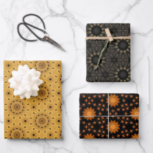 Orangefarbenes geometrisches Muster auf schwarz Geschenkpapier Set