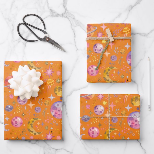 Orangefarbenes Geschenk für Kinder im Weltraum Geschenkpapier Set (Vorderseite)