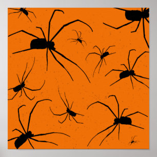 Orangefarbenes Halloween-Muster, Schwarze Spider Poster