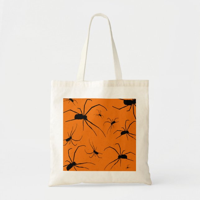 Orangefarbenes Halloween-Muster, Schwarze Spider Tragetasche (Vorne)
