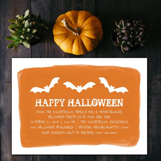 Orangefarbenes Halloween-Party Einladung (Orange and White Watercolor Bats Halloween Party Invite)