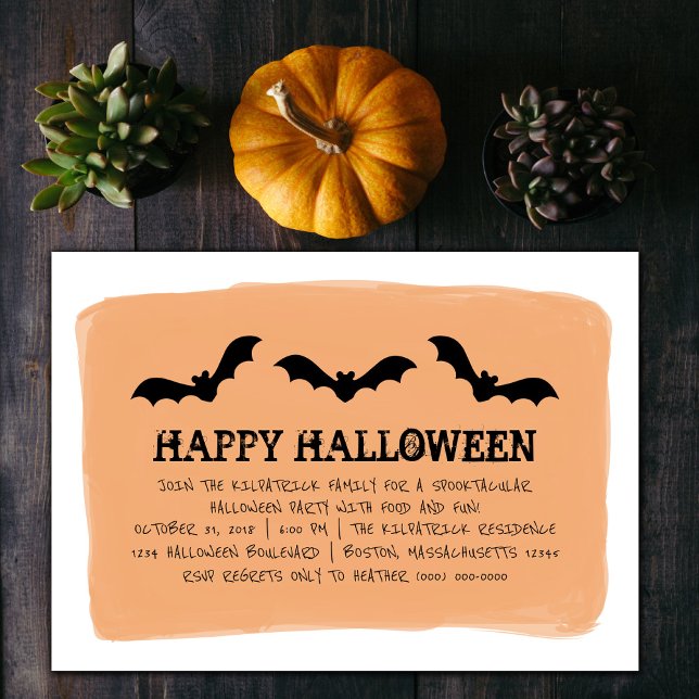 Orangefarbenes Halloween-Party Einladung (Orange Watercolor Bats Halloween Party Invite)