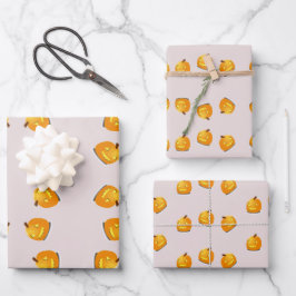 Orangefarbenes Kürbiskopfmuster Geschenkpapier Set