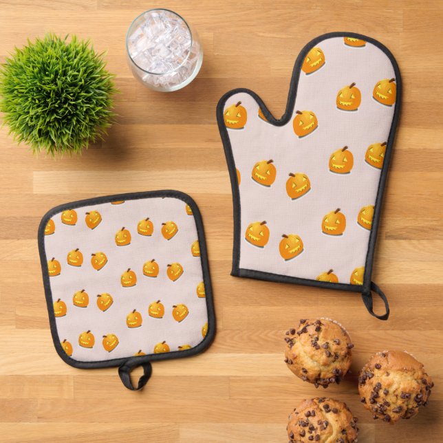 Orangefarbenes Kürbiskopfmuster Ofenhandschuh & Topflappen-Set (Oben Unten)