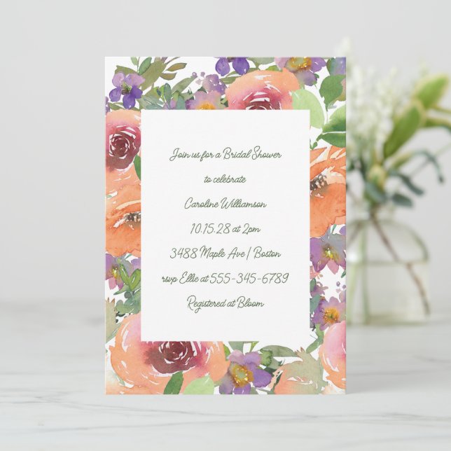 Orangefarbenes Lila Brautparty mit Blumenfarbe Einladung (Stehend Vorderseite)