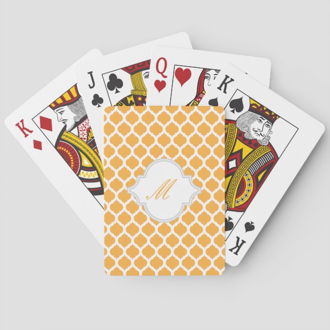 Orangefarbenes marokkanisches Muster mit Monogramm Spielkarten (Rückseite)
