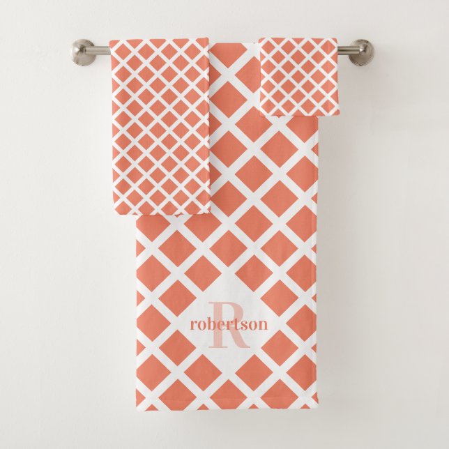 Orangefarbenes Monogramm des modernen Diamantmuste Badhandtuch Set (Insitu)