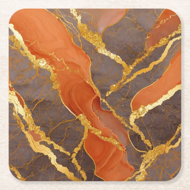 Orangefarbenes Muster mit Gold Rechteckiger Pappuntersetzer (Vorderseite)