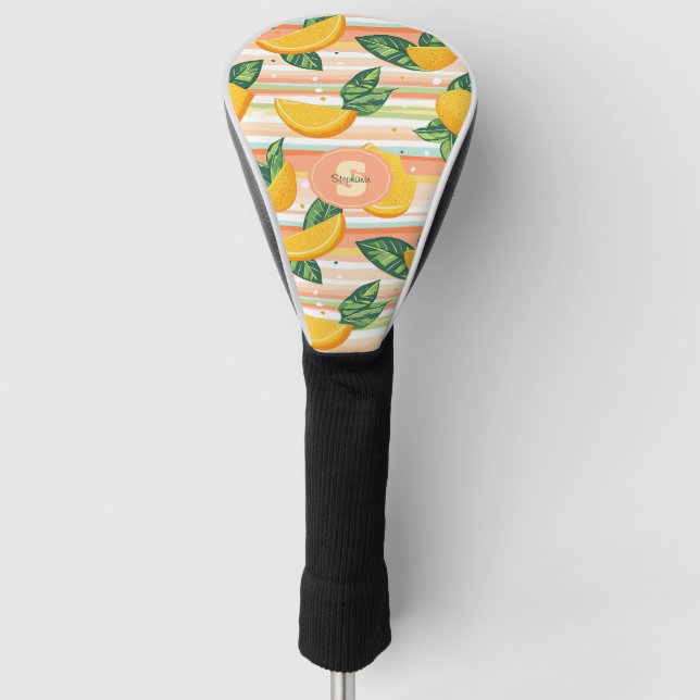 Orangefarbenes Muster mit grünen Blätter auf Paste Golf Headcover (Vorderseite)