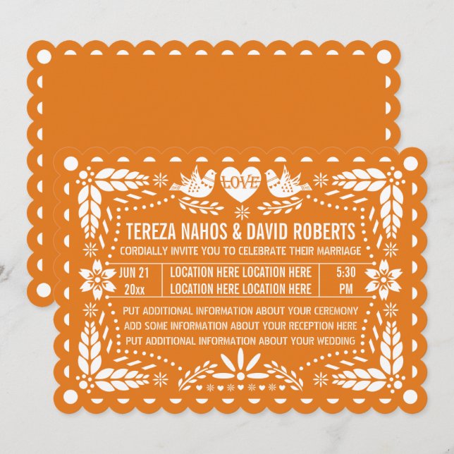 Orangefarbenes Papel Picado liebt Vögel Fest Hochz Einladung (Vorne/Hinten)